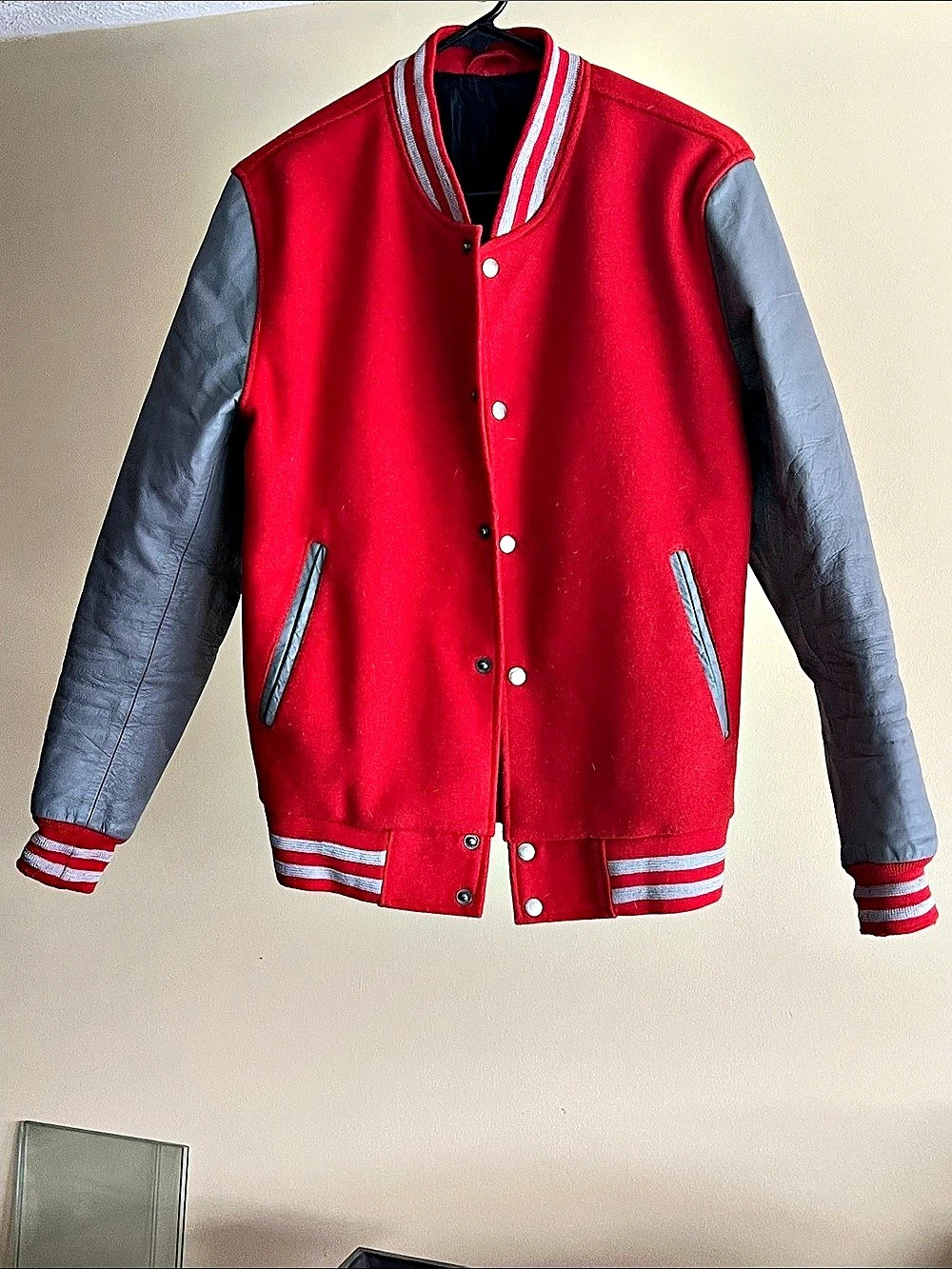 Red & Gray Varsity Jacket With Genuine Leather Sleeves Like New